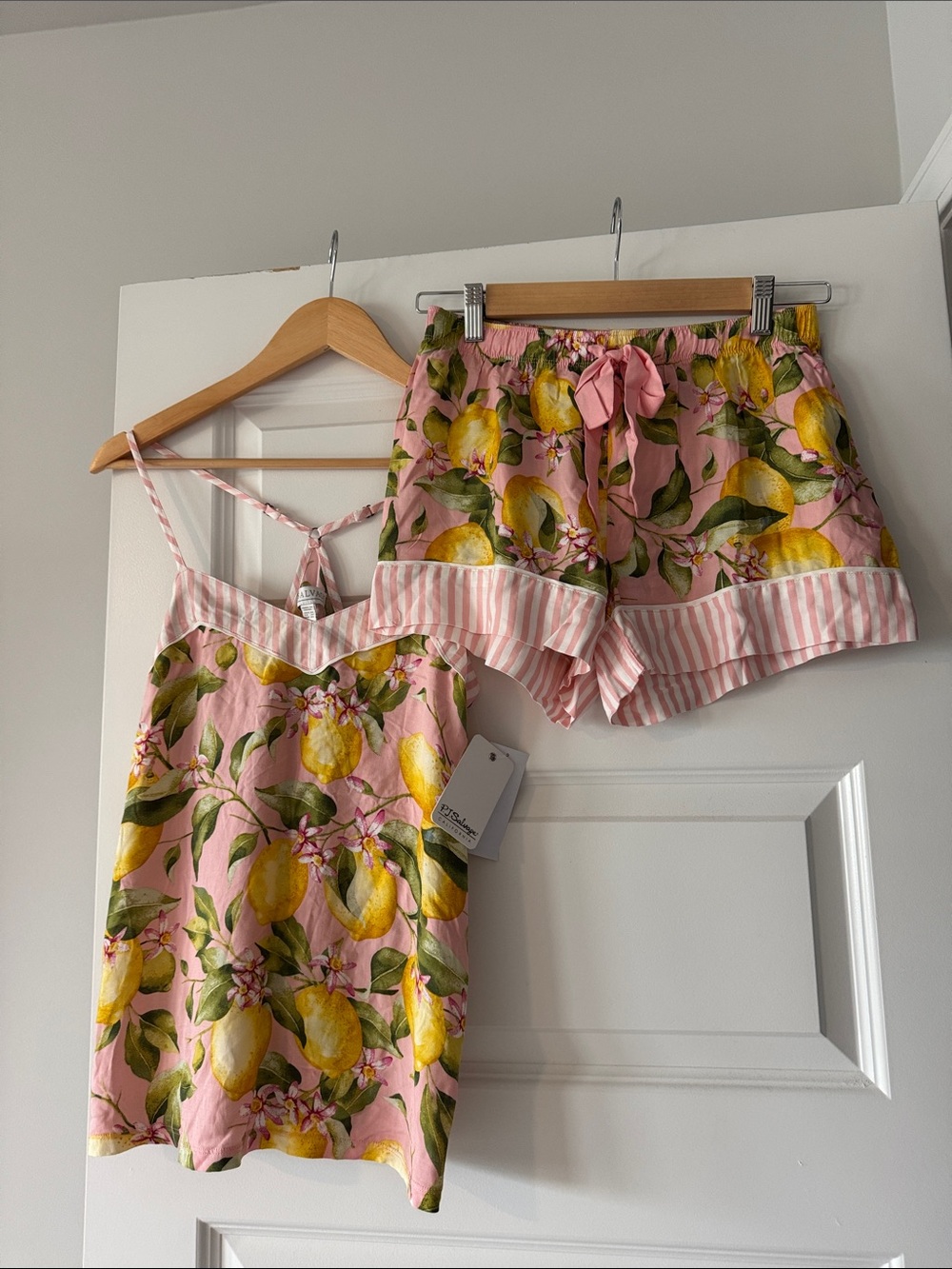 PJ Salvage Pink Stripes with Lemon Print Cotton Camisole & Shorts Sleep Set- XS